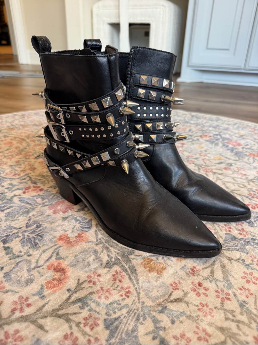 Killstar Black Pointed-Toe Spike Strap Ankle Boots